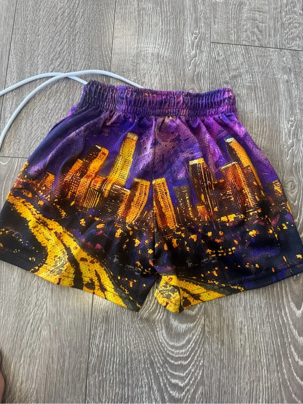 Purple & Yellow Cityscape Athletic Shorts with Drawstring